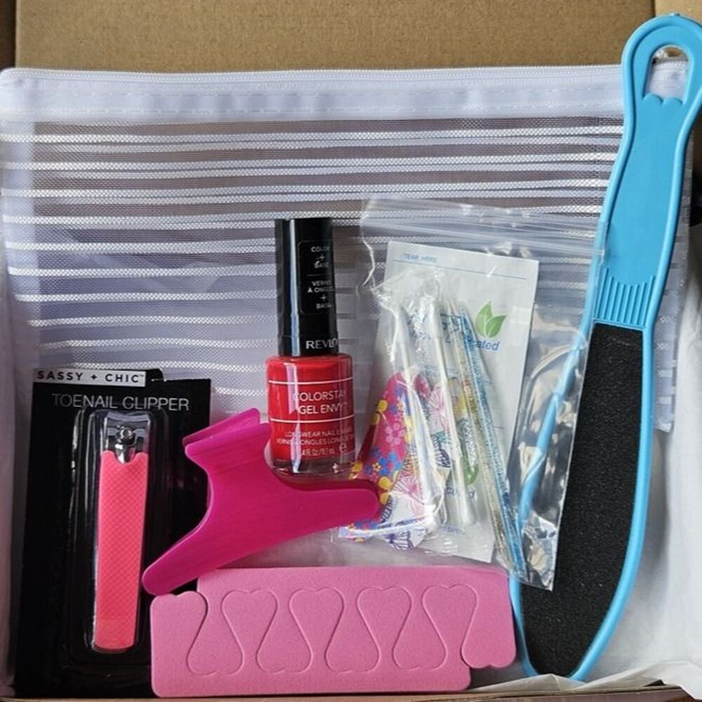Hot Pink Pedicure Kit Mixed Beauty Bundle Nail Polish Tools Foot File Pouch